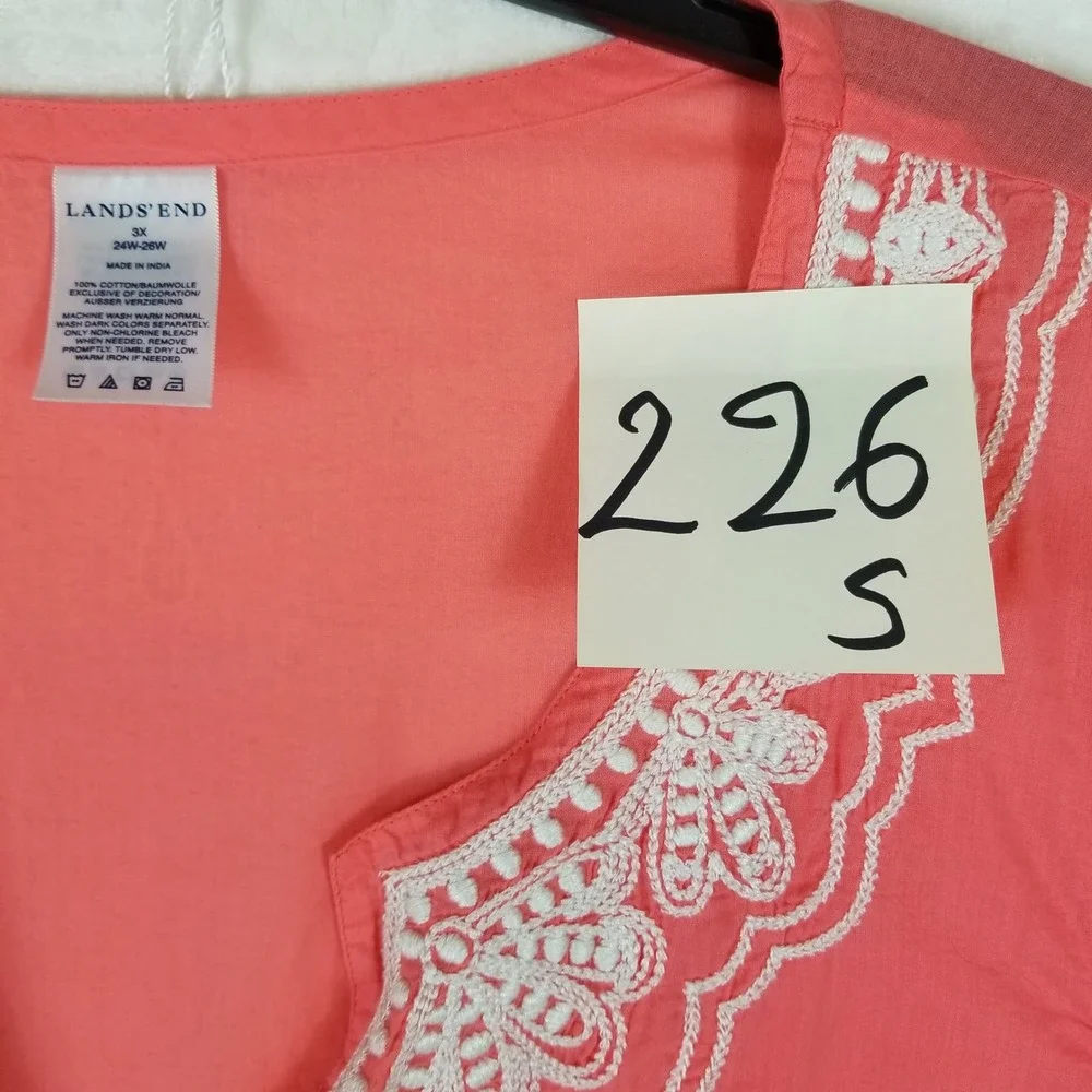 Lands End Womens 3X Coral Pink Cotton Embroidered Split Neck Swim Cover Up Dress